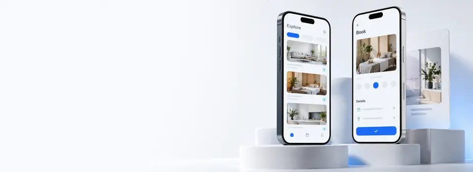 Two smartphones displaying a mobile booking app concept on white studio plinths.
