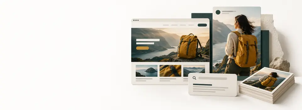 Layered website, social, search and print campaign concepts sharing a yellow backpack visual.