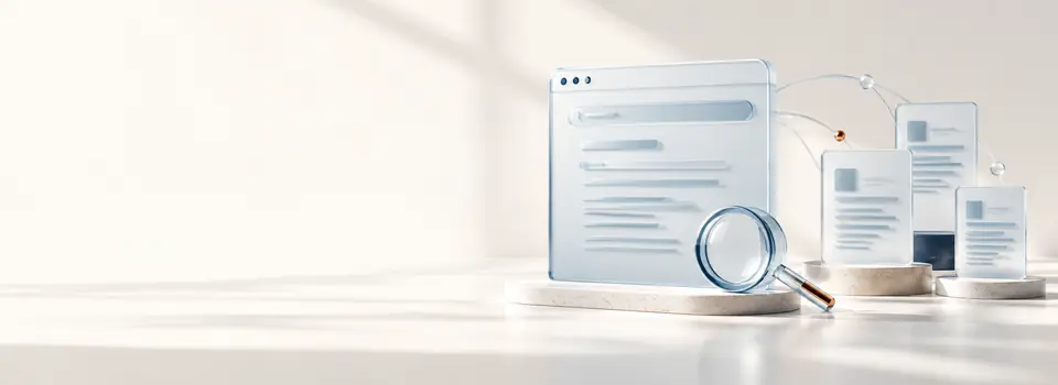 Frosted-glass answer panel and source cards beside a magnifying glass, illustrating AI search discovery.