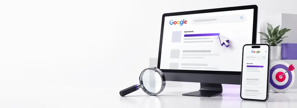 Illustrative Google sponsored search results on a monitor and smartphone.