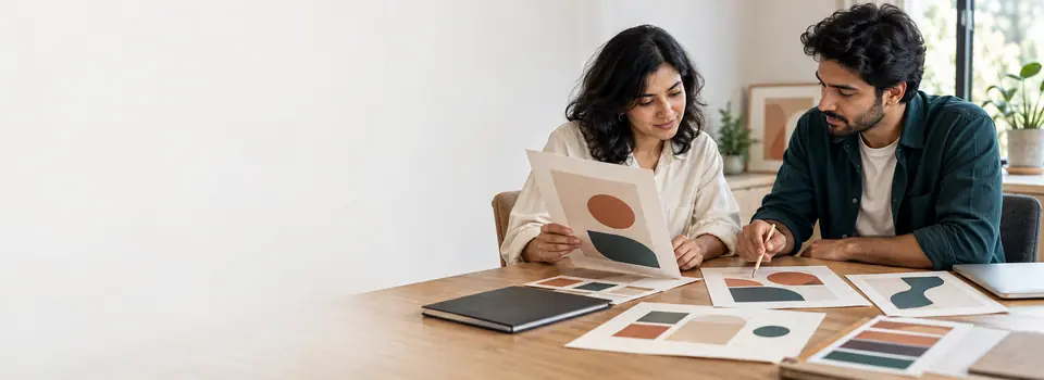 Two designers reviewing printed identity concepts and colour samples at a studio desk.