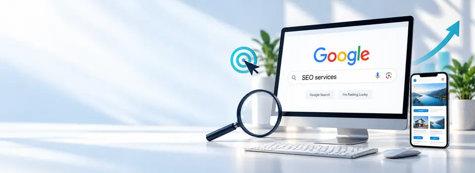 Google search displayed on a monitor beside a mobile website preview.