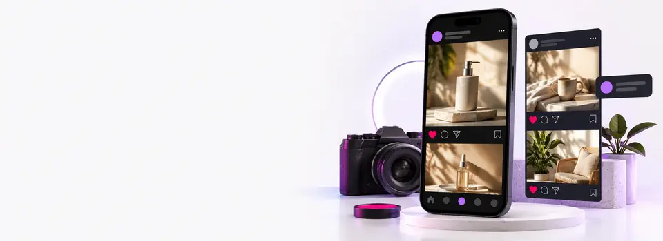 Social feed previews on a smartphone beside a camera and product content.