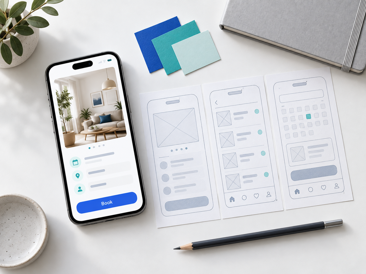 App screen concept beside printed mobile wireframes, colour swatches and a pencil.