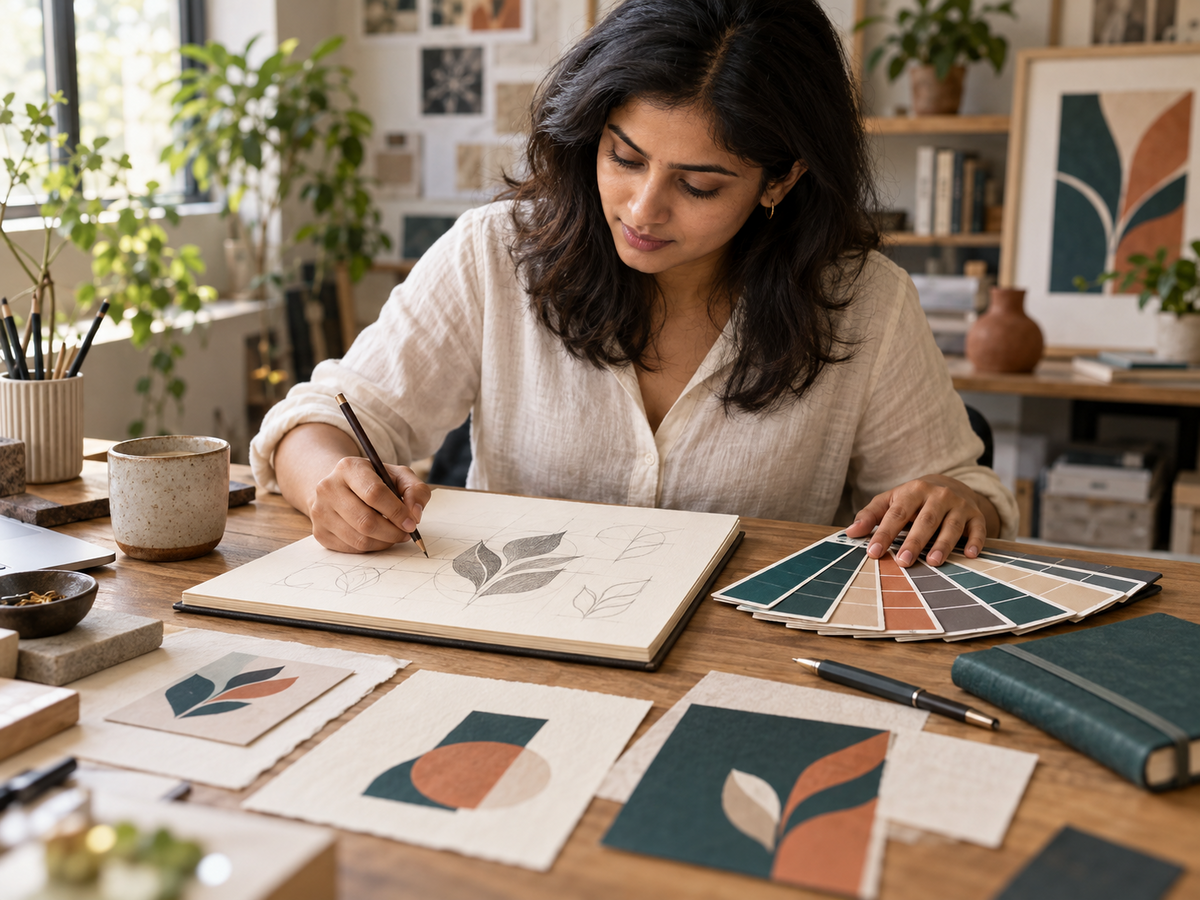 Designer sketching a brand symbol beside colour swatches and textured stationery.