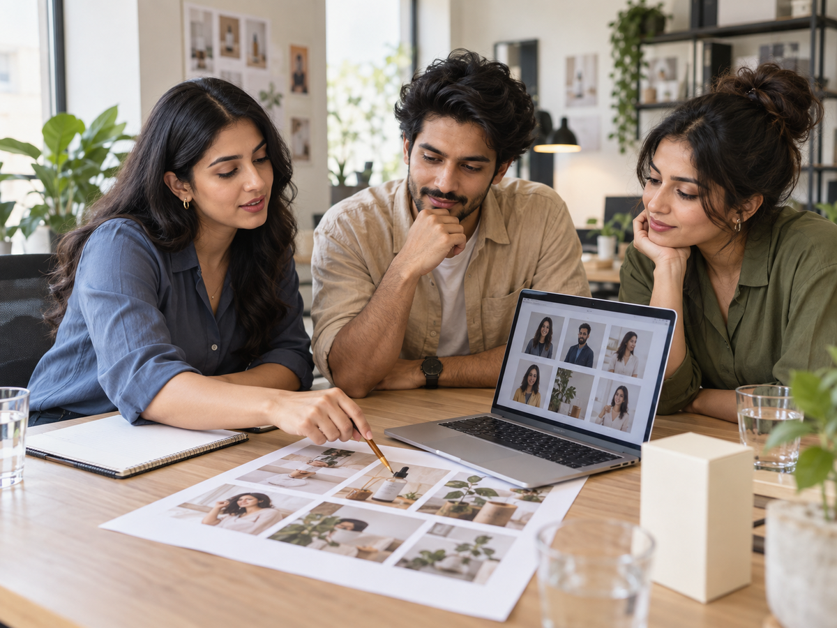 Campaign team discussing a creator shortlist and a photographic storyboard.