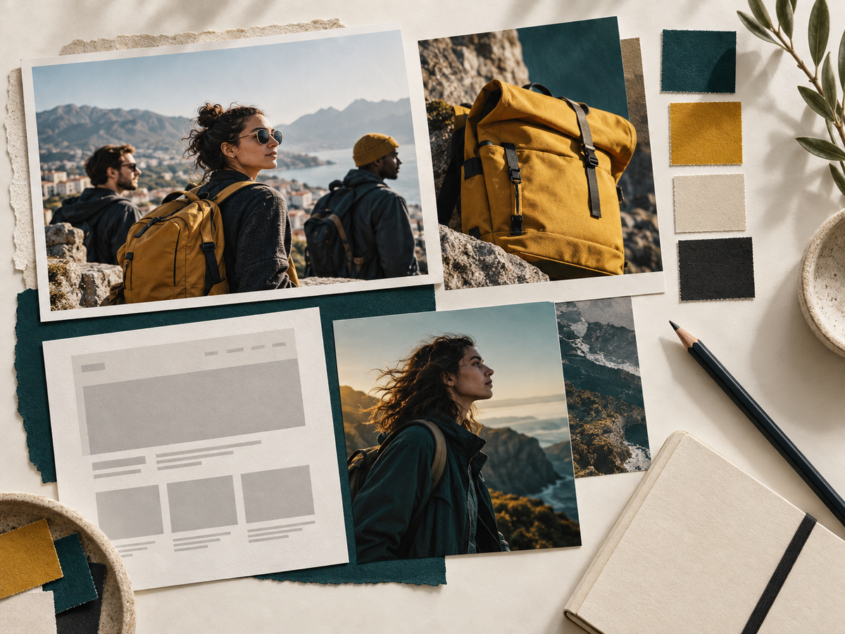Campaign planning board with audience photographs, product images, colour swatches and a website layout.