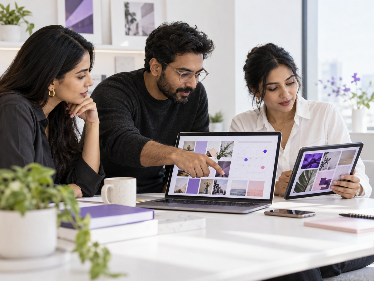 Illustrative marketing team reviewing a visual content calendar and social posts.