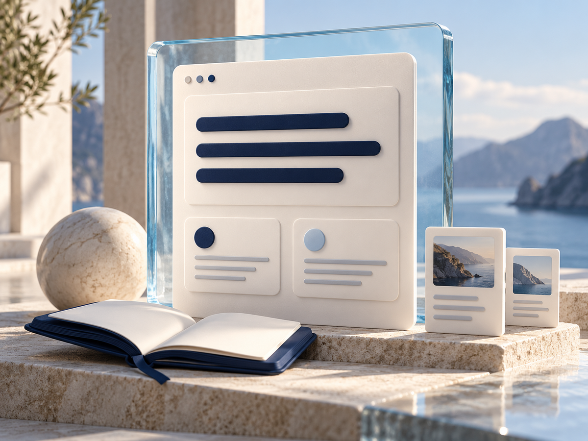 Sculpted browser panel, source cards and an open notebook representing organised information.