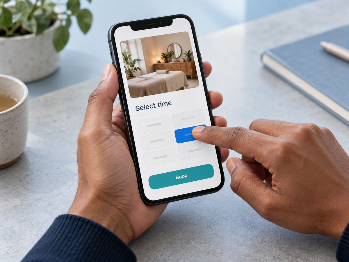 Hands selecting a booking option on a clean mobile app interface.