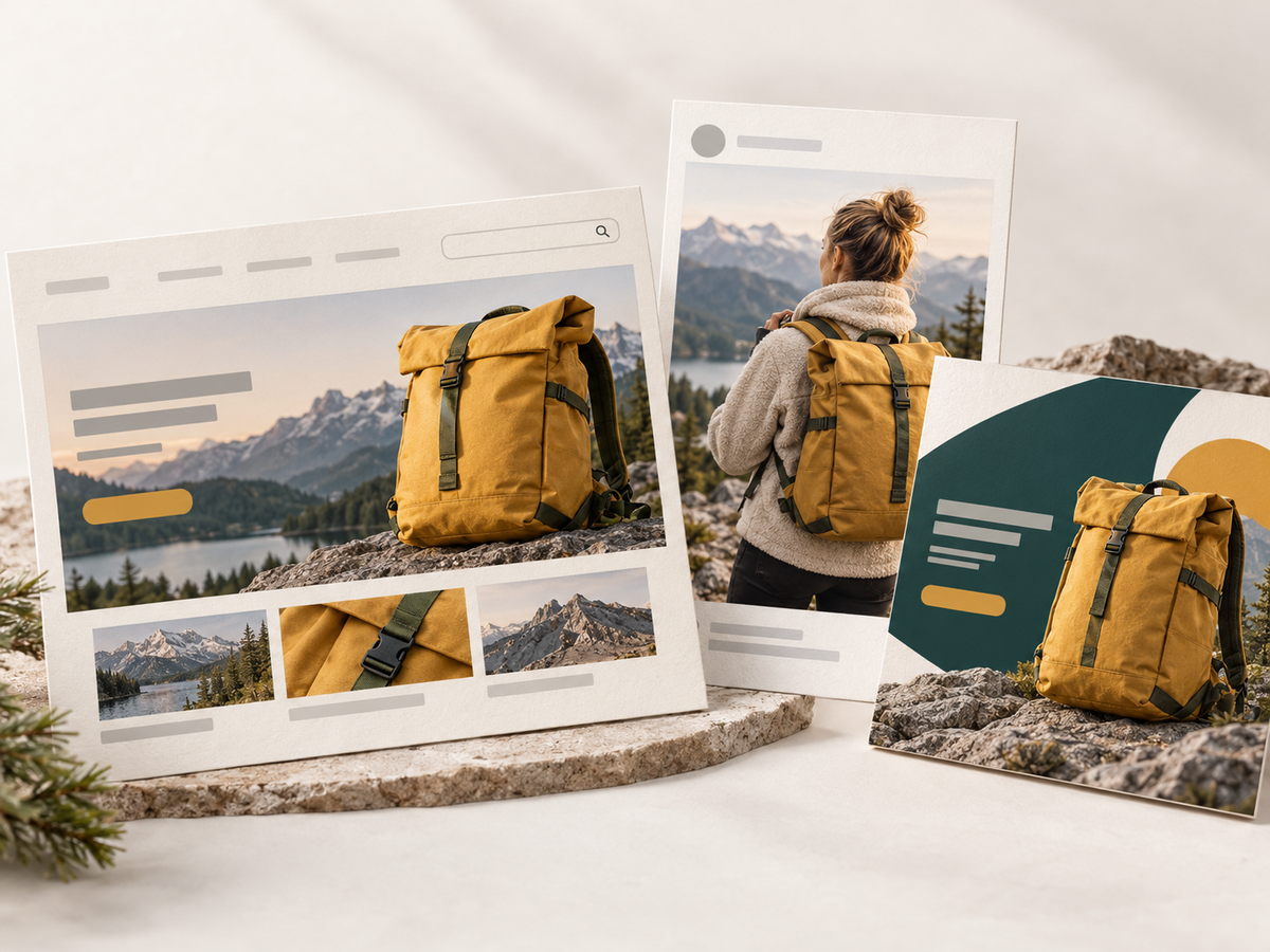 Coordinated landing-page, social-post and campaign creative concepts with the same product story.