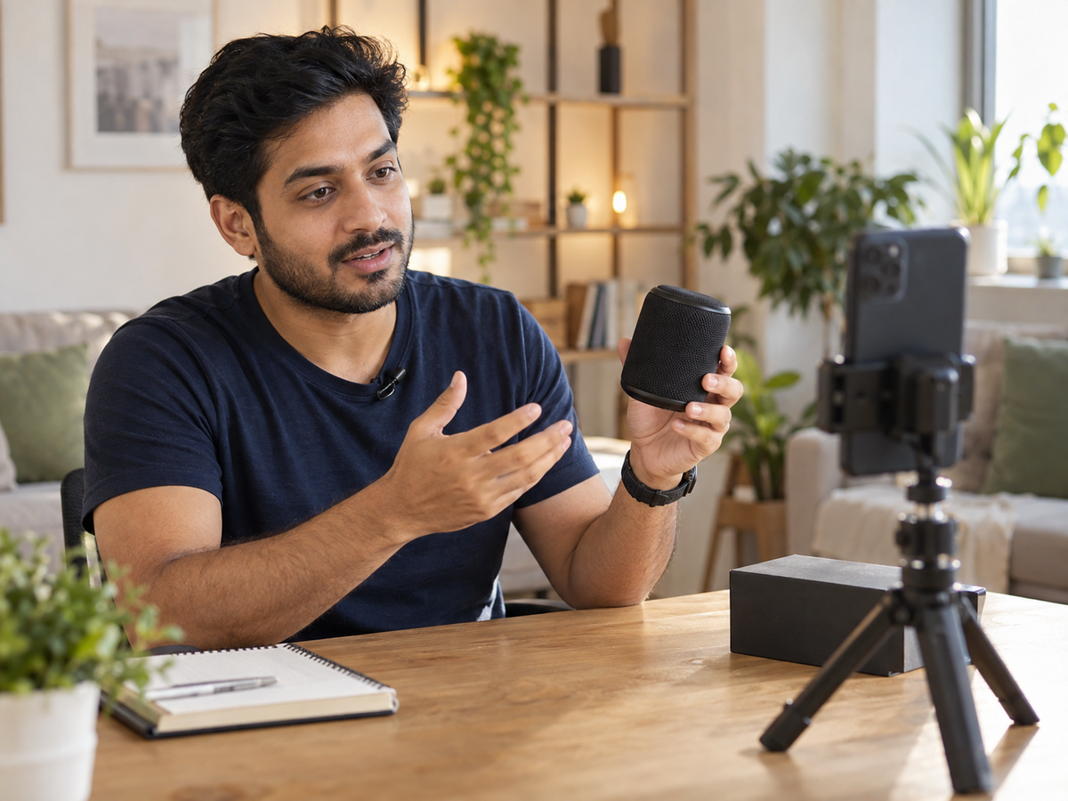Content creator demonstrating a portable speaker to a smartphone camera.