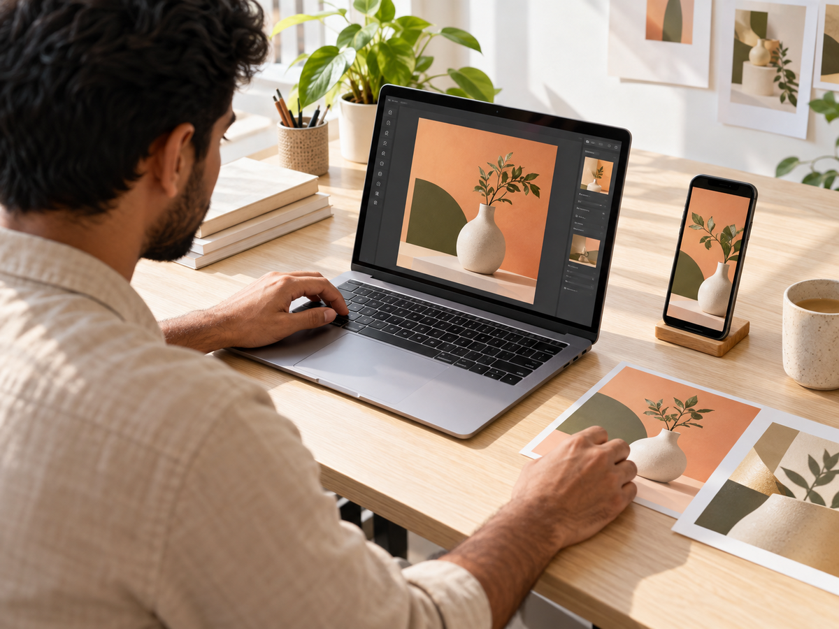 Designer reviewing coordinated campaign artwork on a laptop, smartphone and printed sheet.