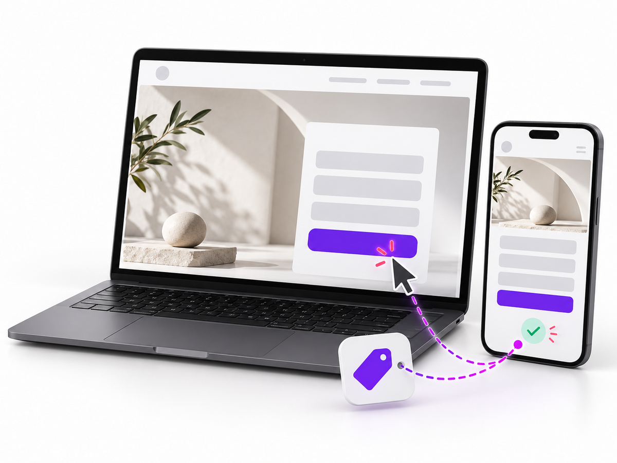 Landing-page form on a laptop and mobile with an enquiry confirmation symbol.