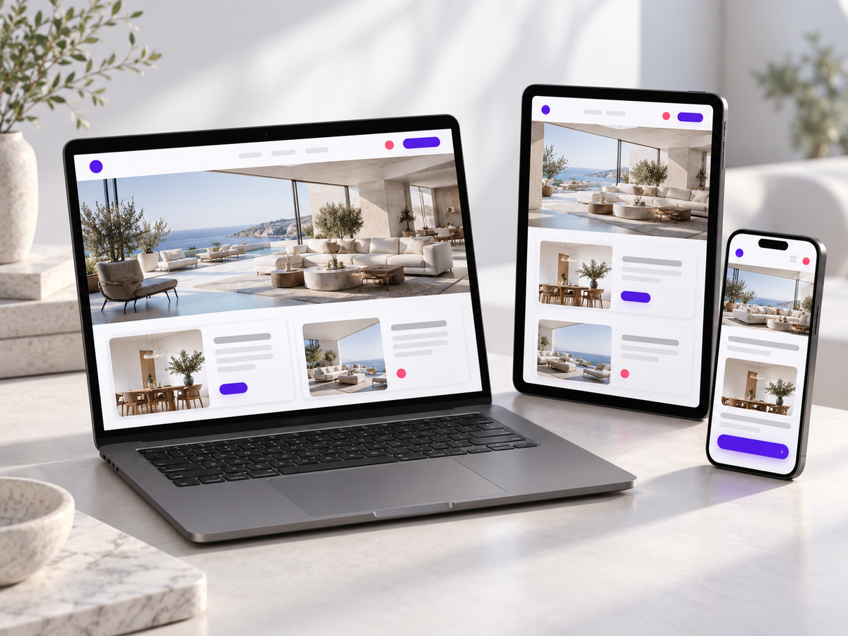 A website adapting its page layout across a laptop, tablet and smartphone.