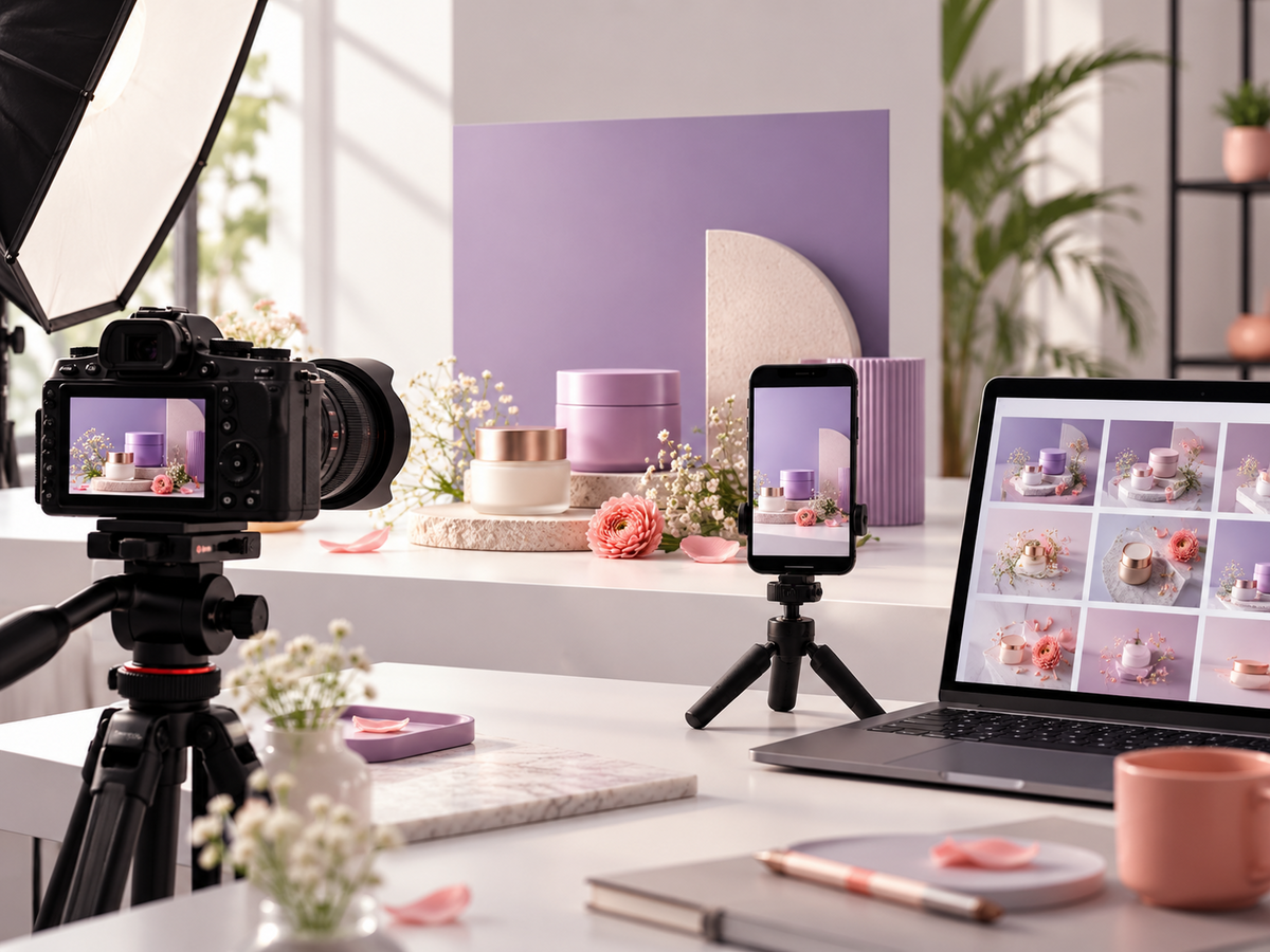 Camera, smartphone and laptop arranged around a product photography set.