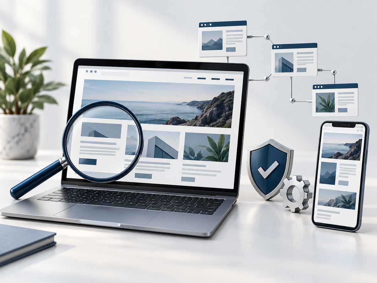 Laptop and mobile website with linked page tiles and a website-health symbol.