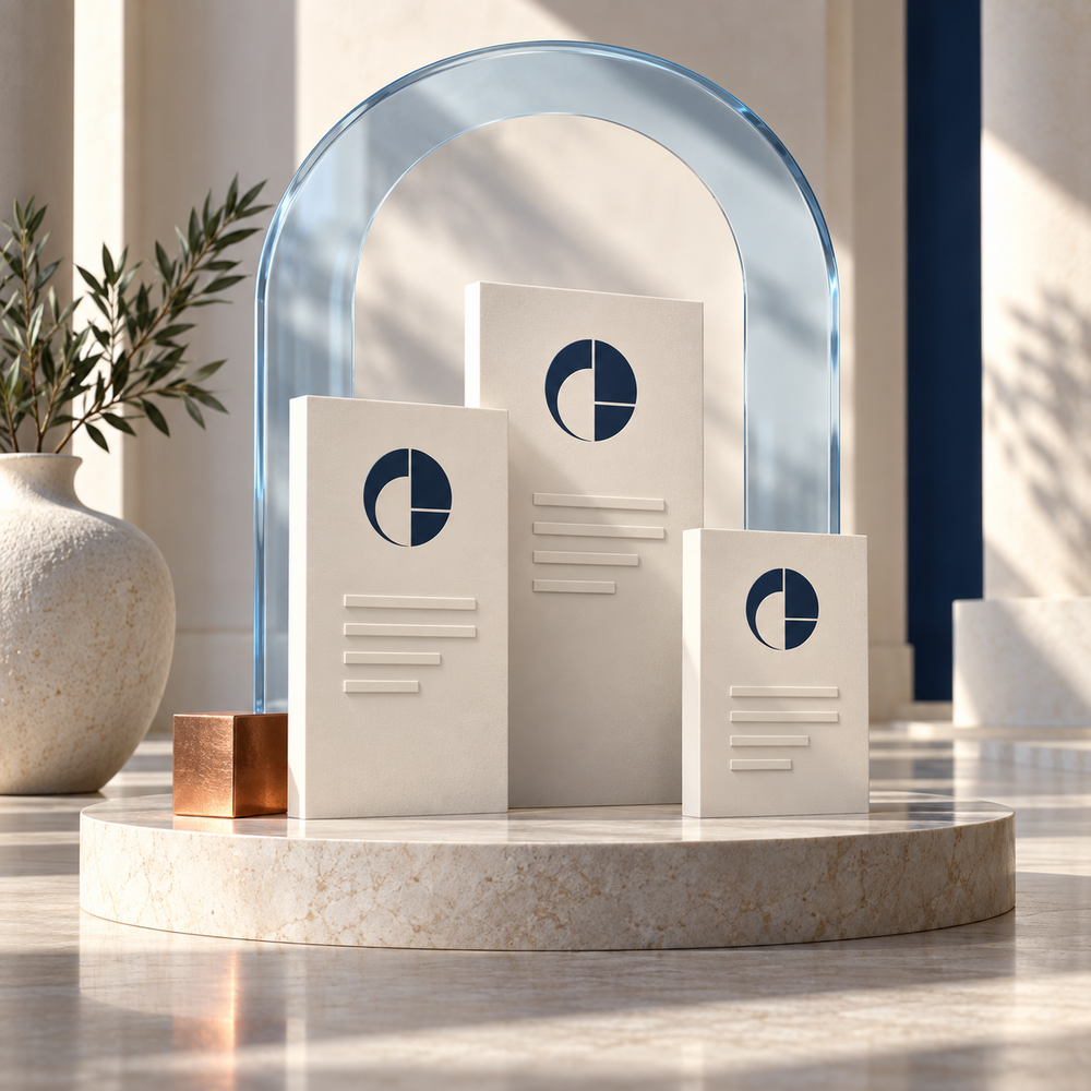 Three ivory information panels sharing one navy geometric mark beneath a glass arch.