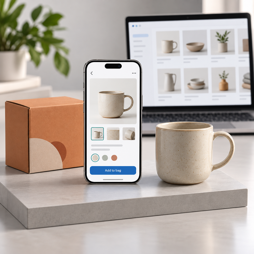 A shopping app product page beside a ceramic cup, package and matching catalogue on a laptop.