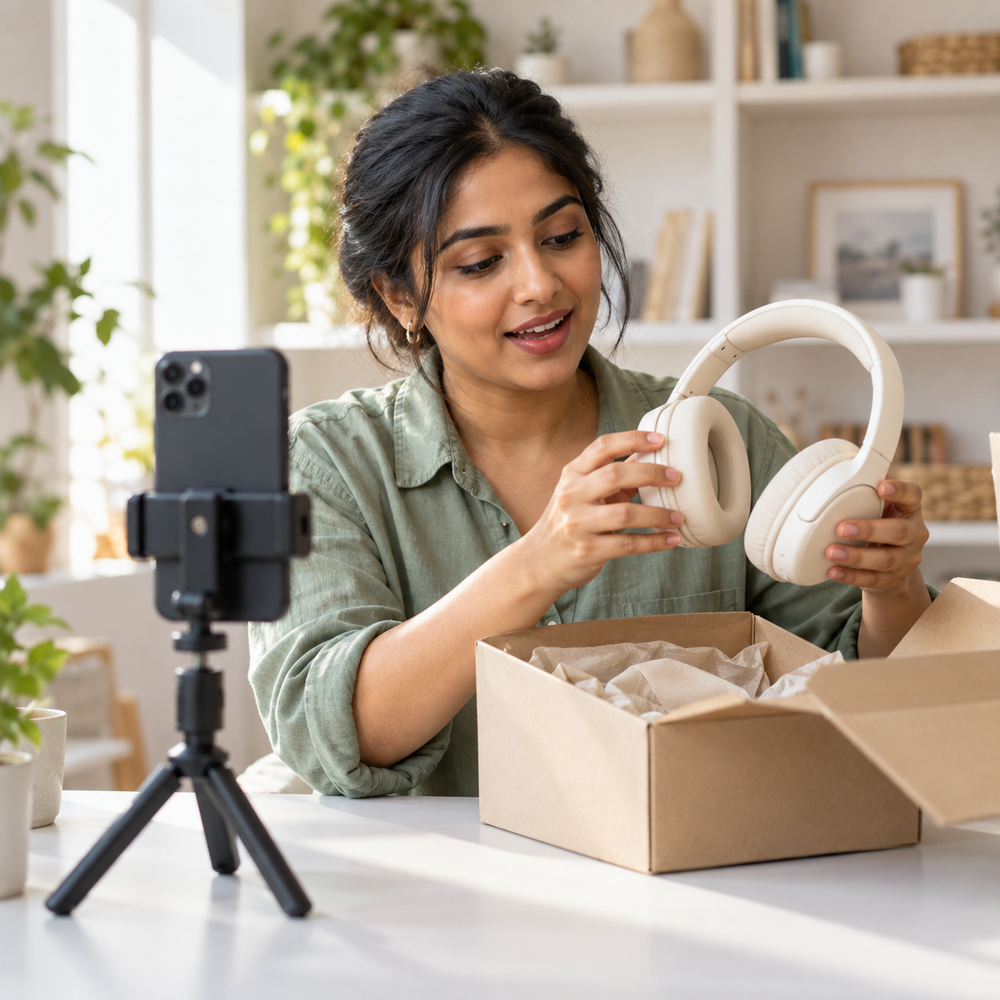Lifestyle creator filming an unboxing of headphones in a bright home studio.
