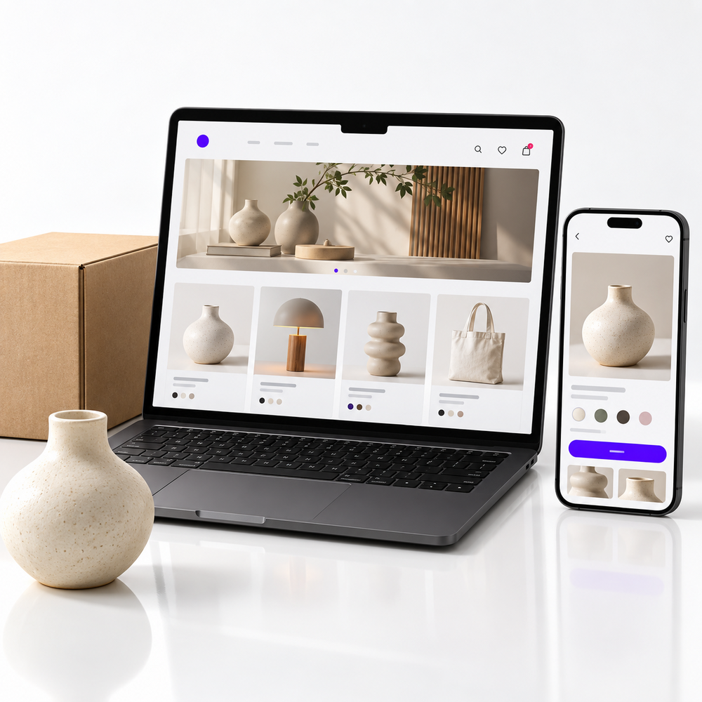 An online homeware store and product page on a laptop and mobile phone.
