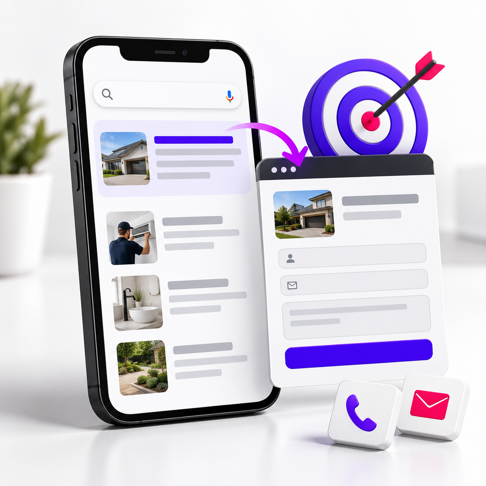 Service search results connected to an enquiry form and contact symbols.