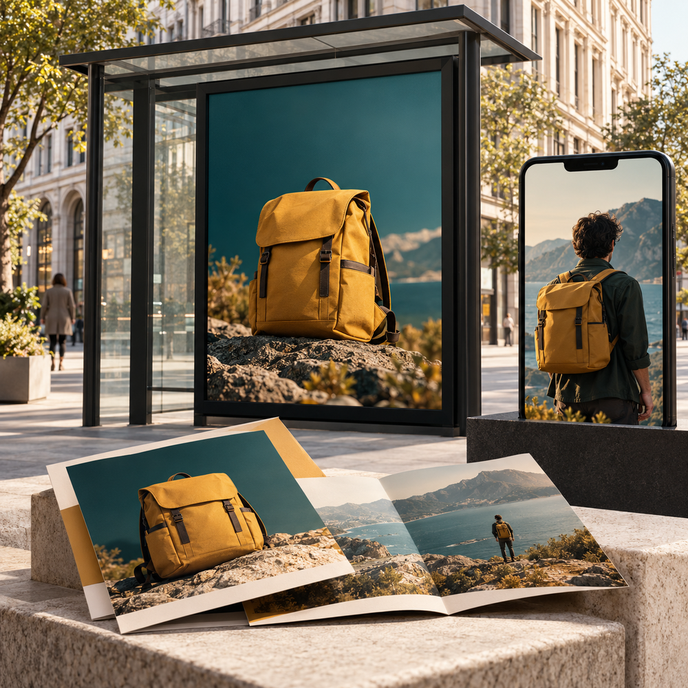 Matching campaign imagery across an outdoor display, a digital panel and printed materials.
