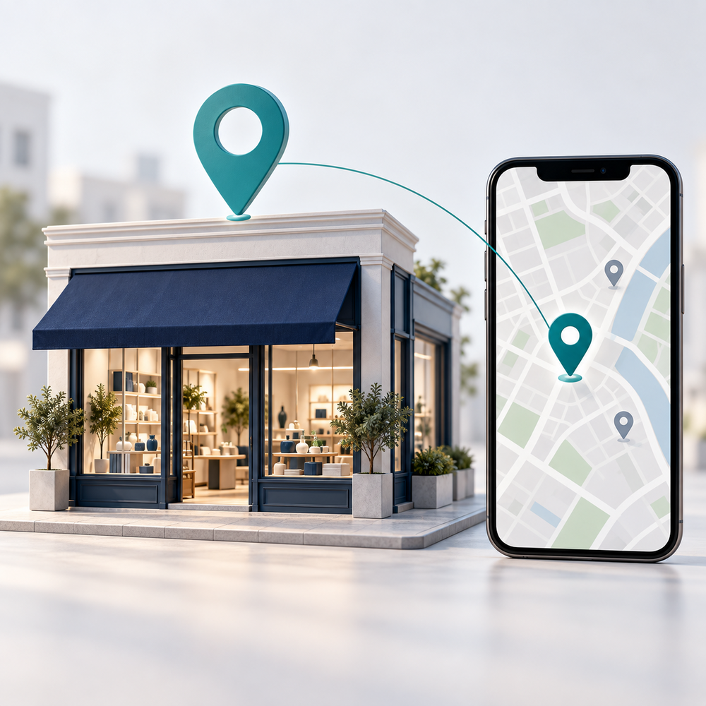 Storefront model connected to a location pin on a mobile map.
