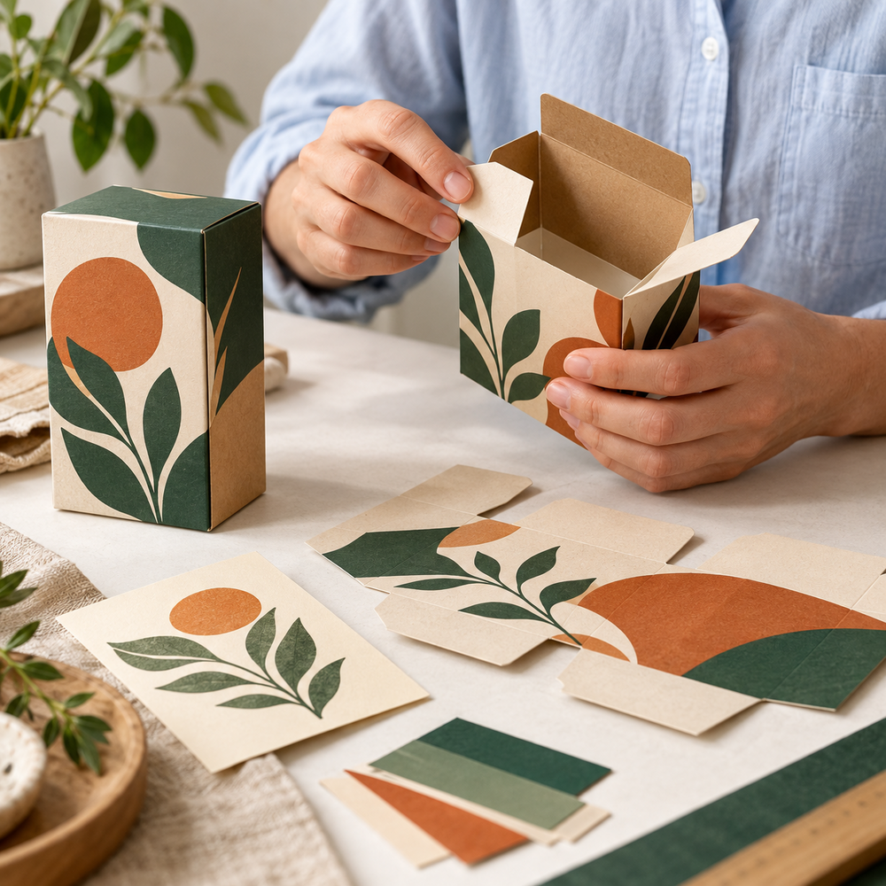 Hands inspecting a printed packaging prototype beside matching labels and colour samples.