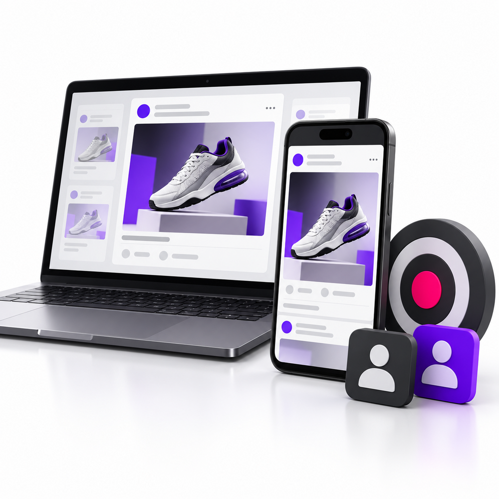 Coordinated product campaign on a laptop and smartphone beside a target symbol.