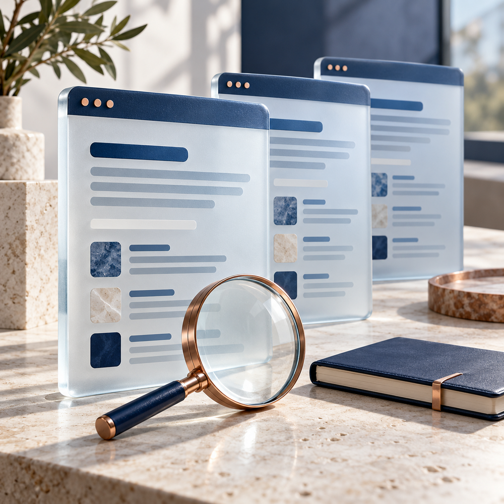 Three illustrative search panels with a magnifying lens and notebook for comparing observations.