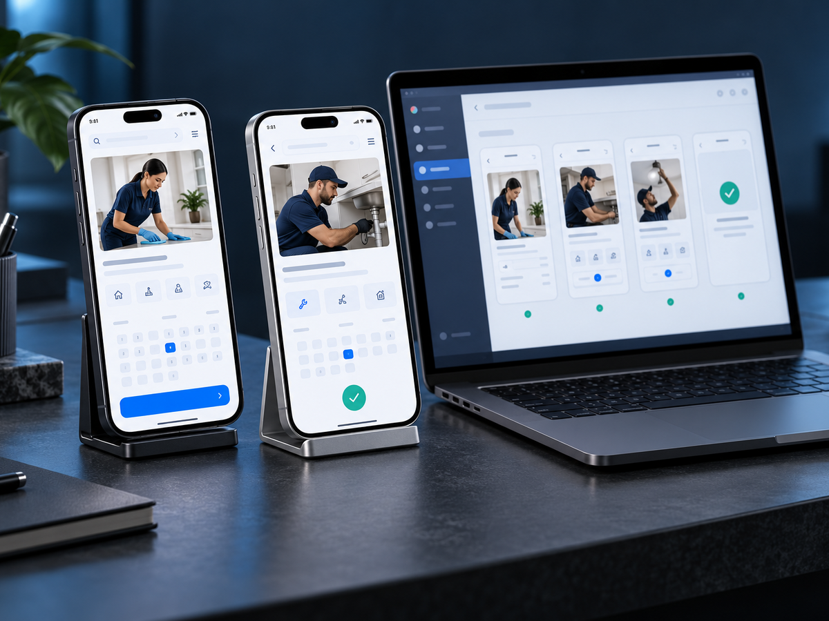 Mobile app screen concepts on two smartphones and a laptop in a dark studio setting.