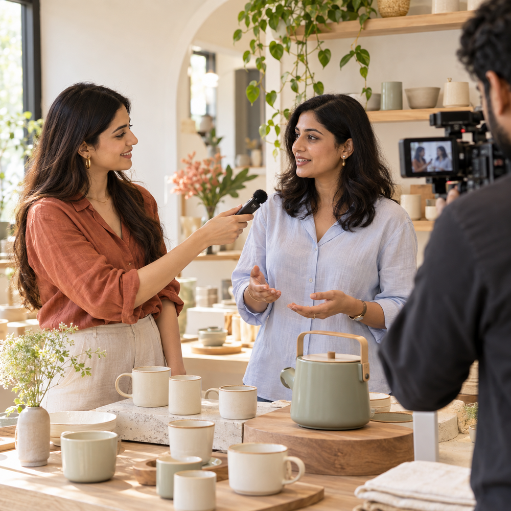 Creator interviewing a brand founder beside a homeware display during a filmed product launch.