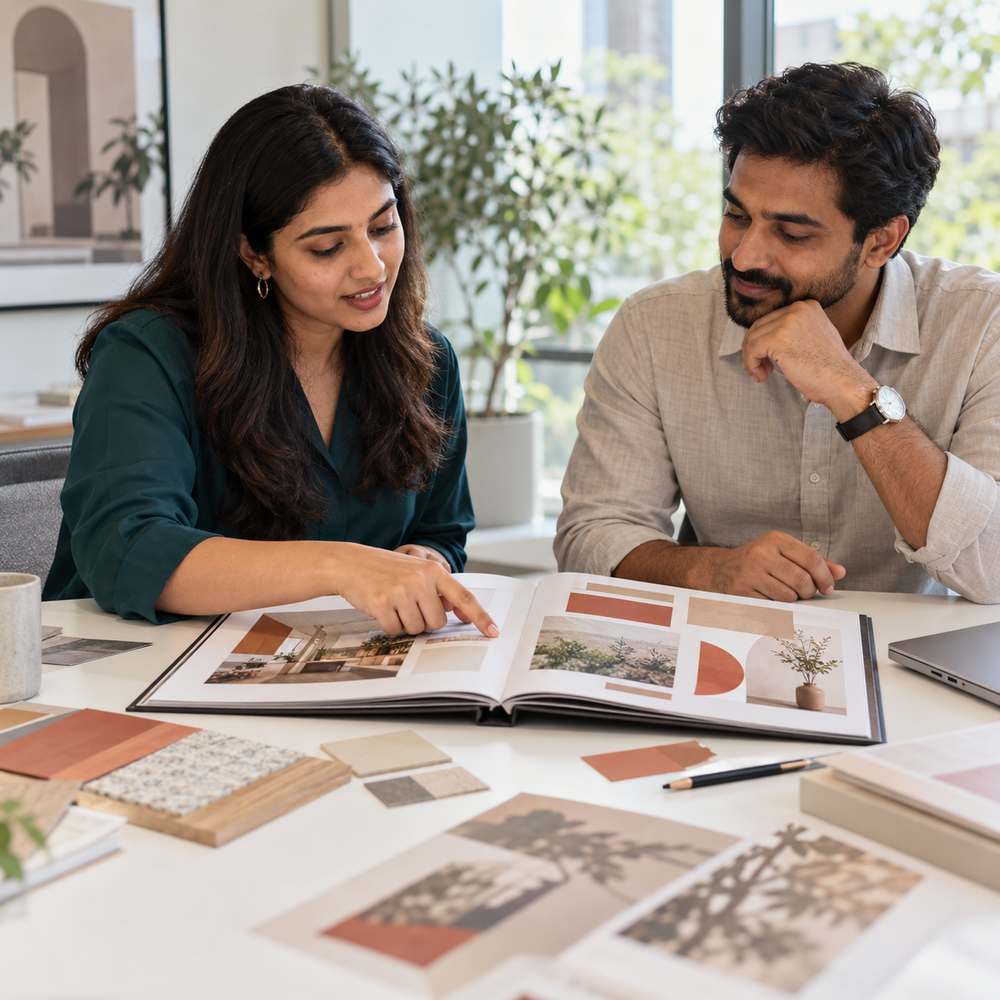 Designer and client discussing visual layouts in an open presentation book.