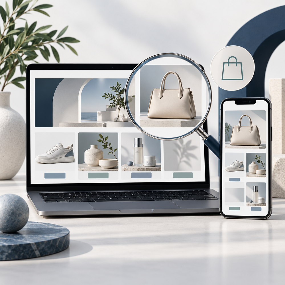 Product discovery across a laptop and smartphone with a magnifying glass.