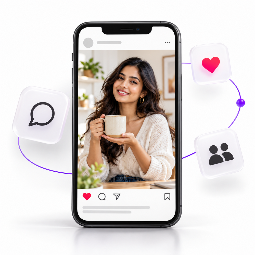 Illustrative content creator in a social post with conversation and community symbols.