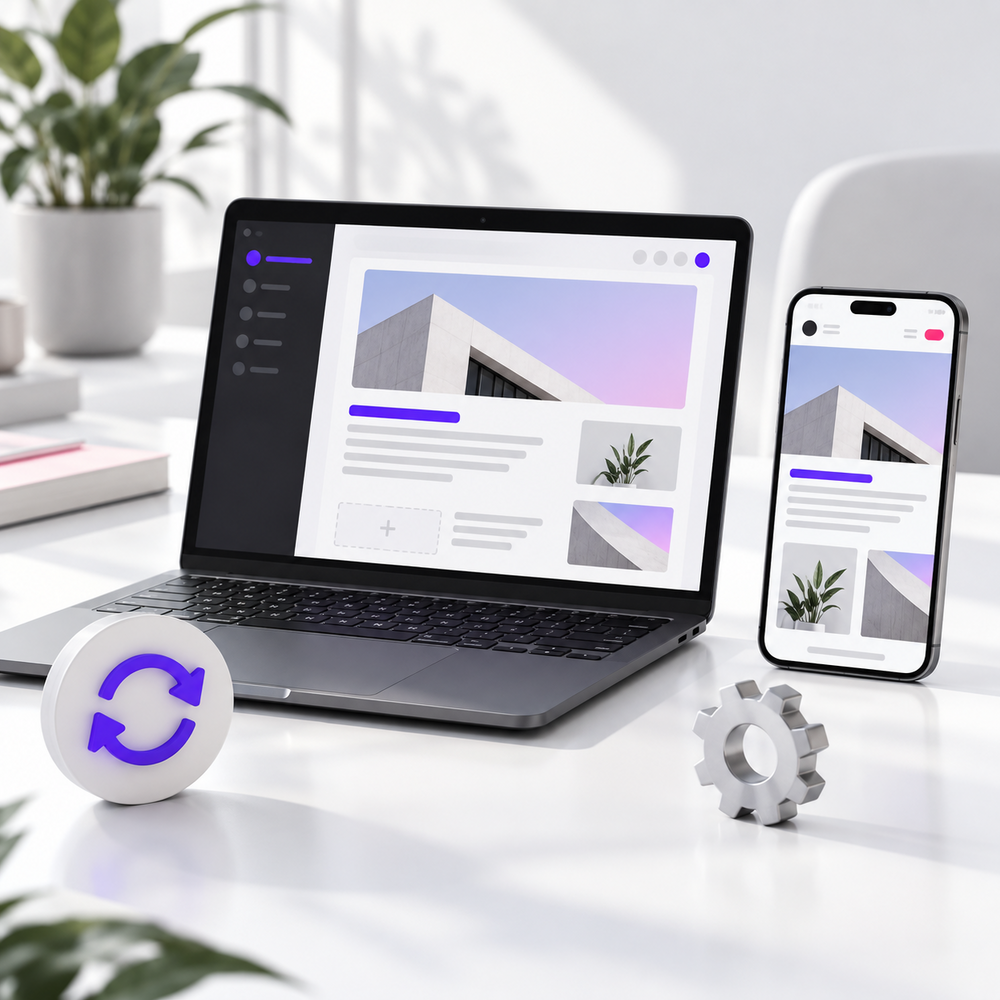 A website content editor and mobile preview beside update and settings symbols.