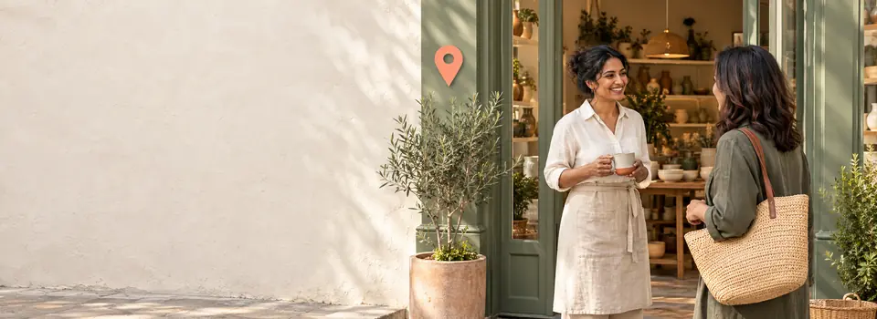 Illustrative local shop owner welcoming a customer beside a coral location marker.