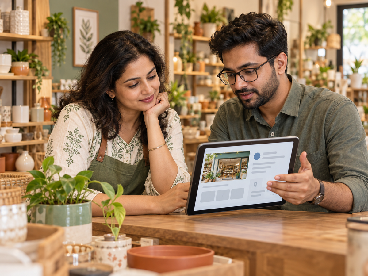 Shop owner and adviser reviewing an illustrative business profile on a tablet.
