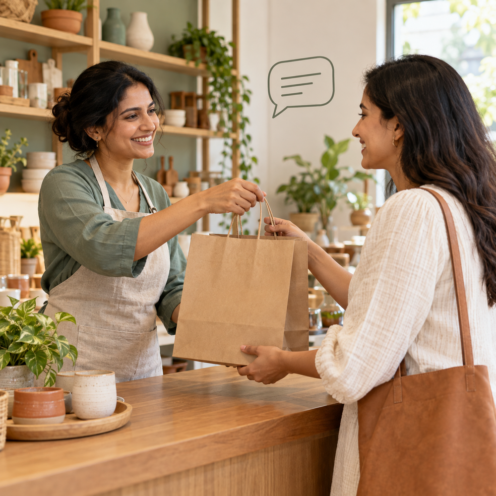 Shop owner handing a shopping bag to a customer, with a simple feedback symbol.