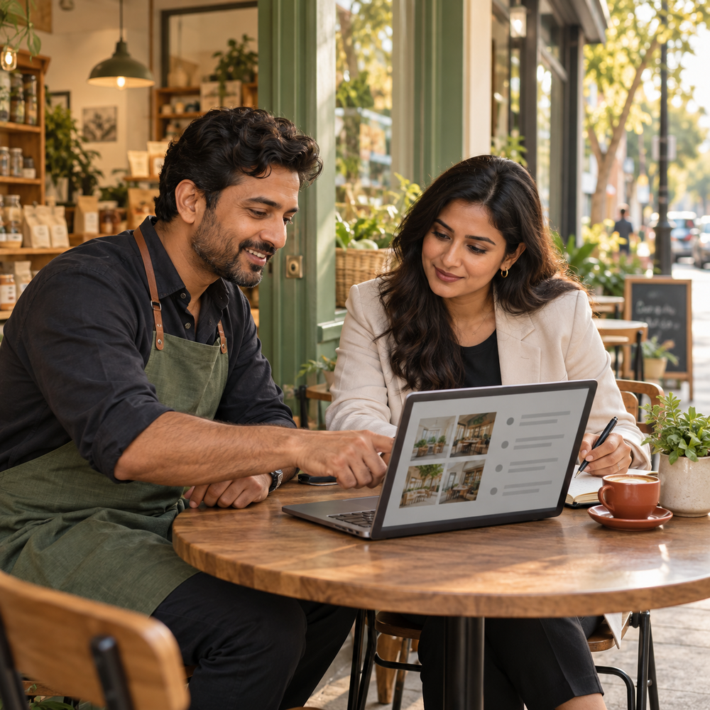 Business owner and adviser planning profile updates on a laptop beside a shop window.
